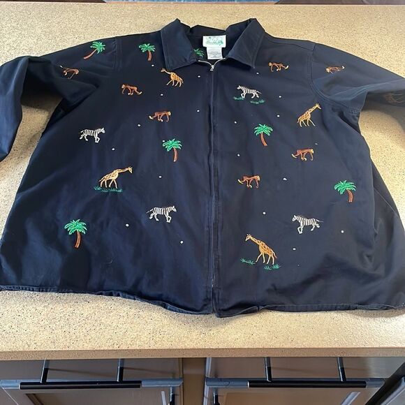Embroidered jungle critters zip up black cotton jacket / shacket - Picture 1 of 16